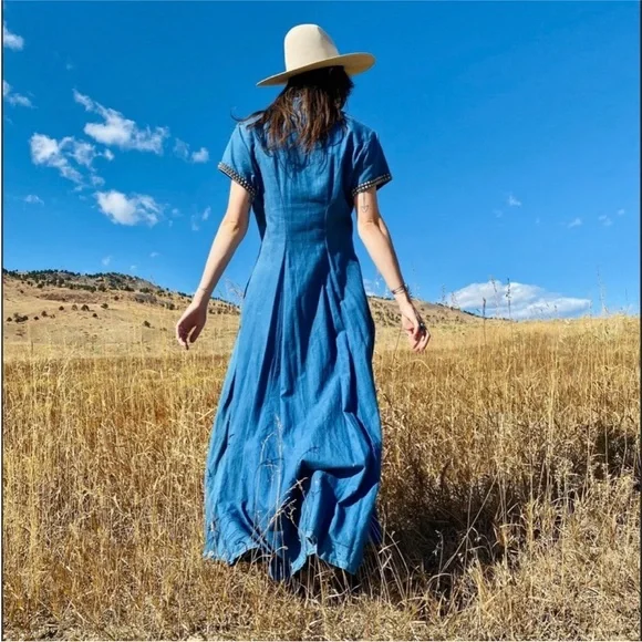 DOUBLE D RANCH Vintage Chambray Denim MaxiDress Duster Silver Concho Studs Sz S - Picture 2 of 13